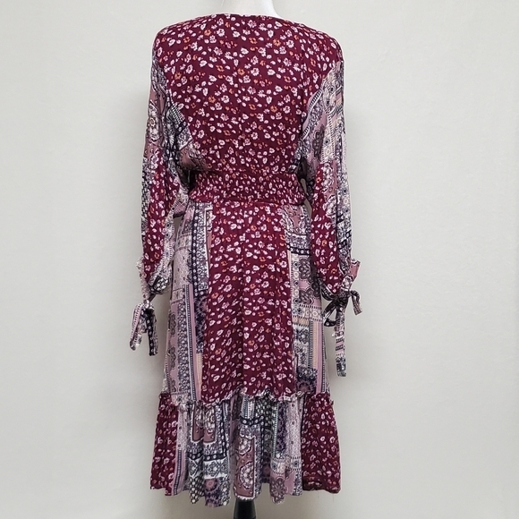 BOHO Anthropologie GiGiO USA Wine Floral Mixed Print Surplice V-neck Dress Small - Picture 9 of 14